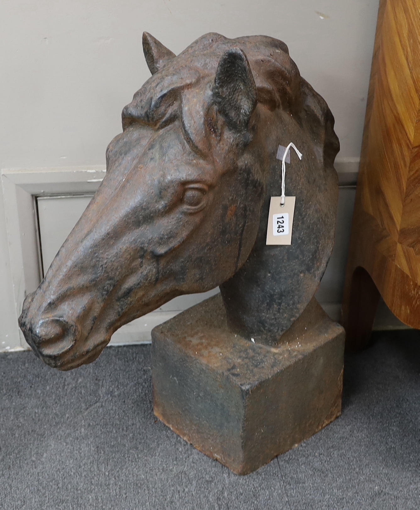 A pair of large cast iron horse head post finials, height 64cm